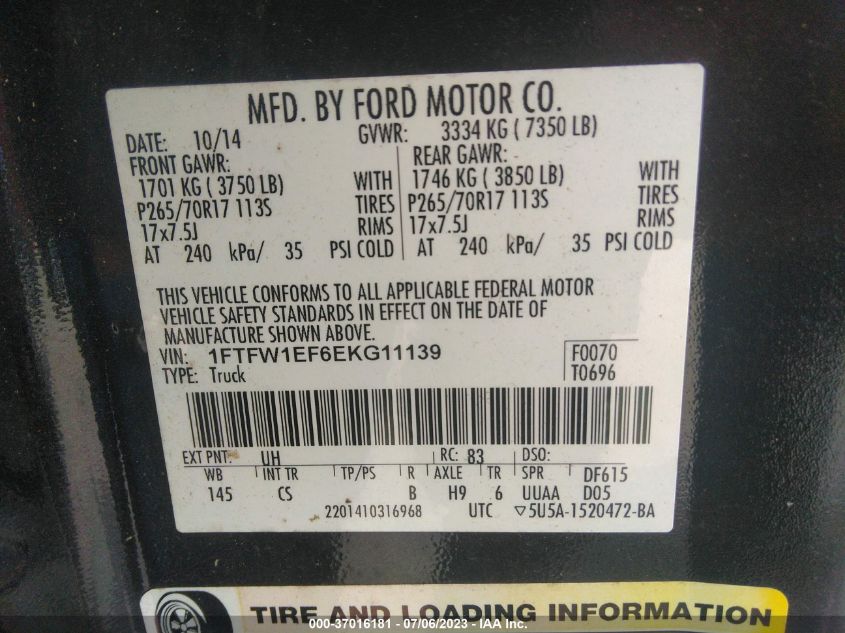 2014 FORD F-150 XL/XLT/STX/FX4/LARIAT - 1FTFW1EF6EKG11139