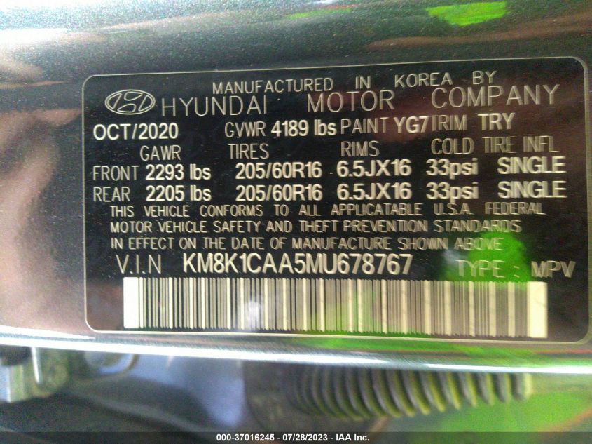 2021 HYUNDAI KONA SE - KM8K1CAA5MU678767