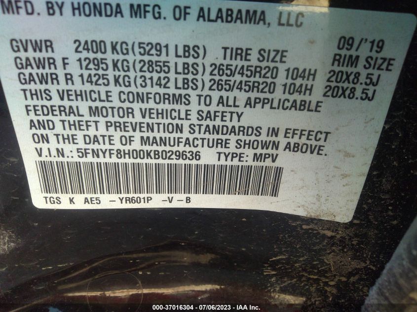 2019 HONDA PASSPORT ELITE - 5FNYF8H00KB029636