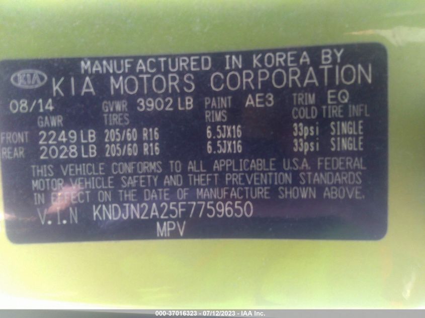 2015 KIA SOUL BASE - KNDJN2A25F7759650