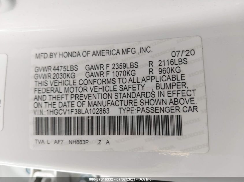 2020 HONDA ACCORD SEDAN SPORT - 1HGCV1F38LA102863