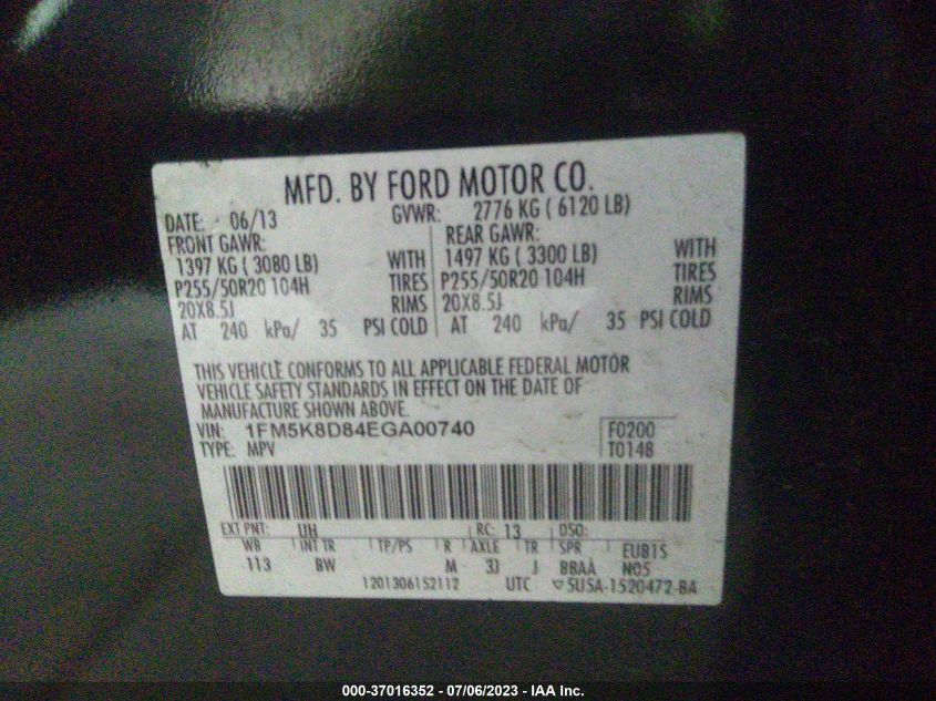 2014 FORD EXPLORER XLT - 1FM5K8D84EGA00740