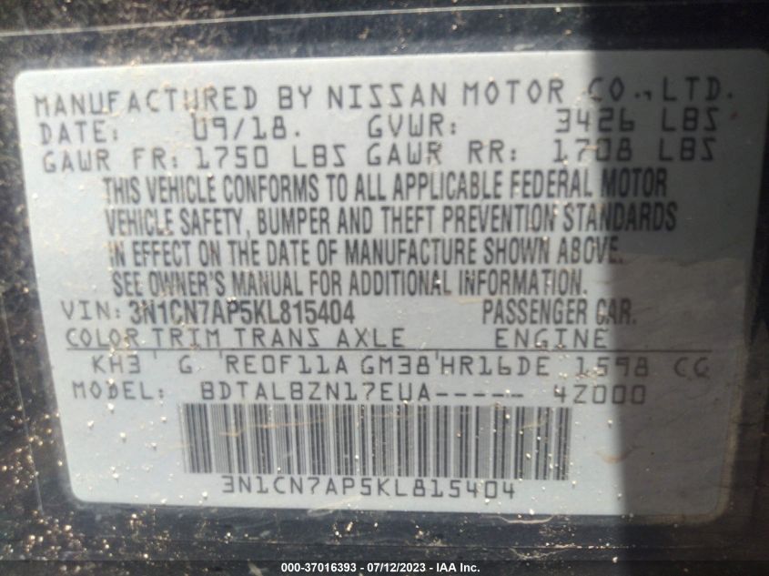 2019 NISSAN VERSA SEDAN SV - 3N1CN7AP5KL815404