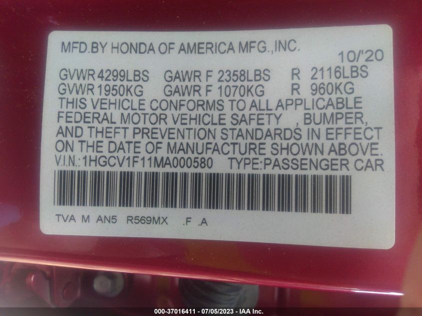 2021 HONDA ACCORD SEDAN LX - 1HGCV1F11MA000580