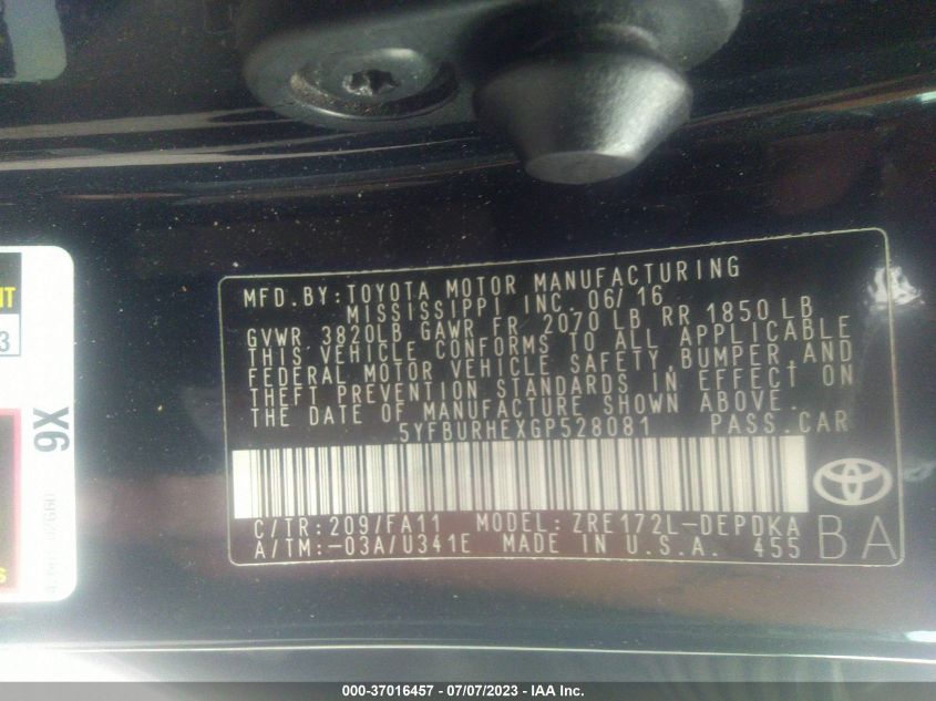 2016 TOYOTA COROLLA L/LE/S/S PLUS/LE PLUS - 5YFBURHEXGP528081