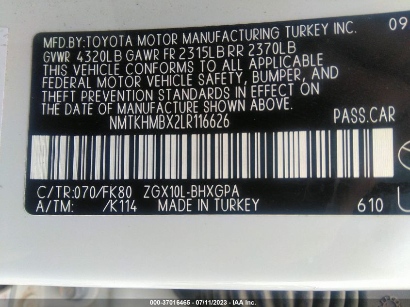 2020 TOYOTA C-HR XLE/LE/LIMITED - NMTKHMBX2LR116626