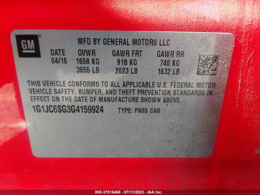 2016 CHEVROLET SONIC LT - 1G1JC6SG3G4159924