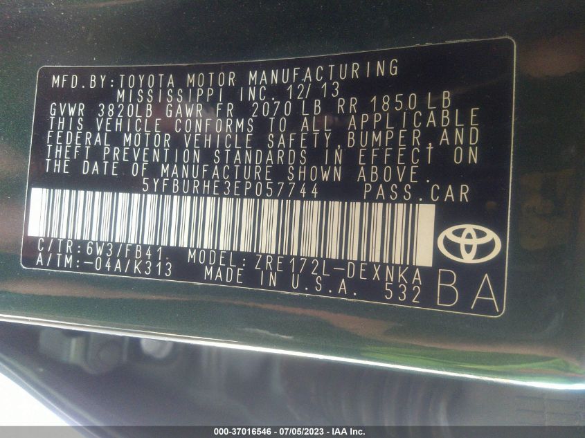 2014 TOYOTA COROLLA L/LE/S/S PLUS/LE PLUS - 5YFBURHE3EP057744