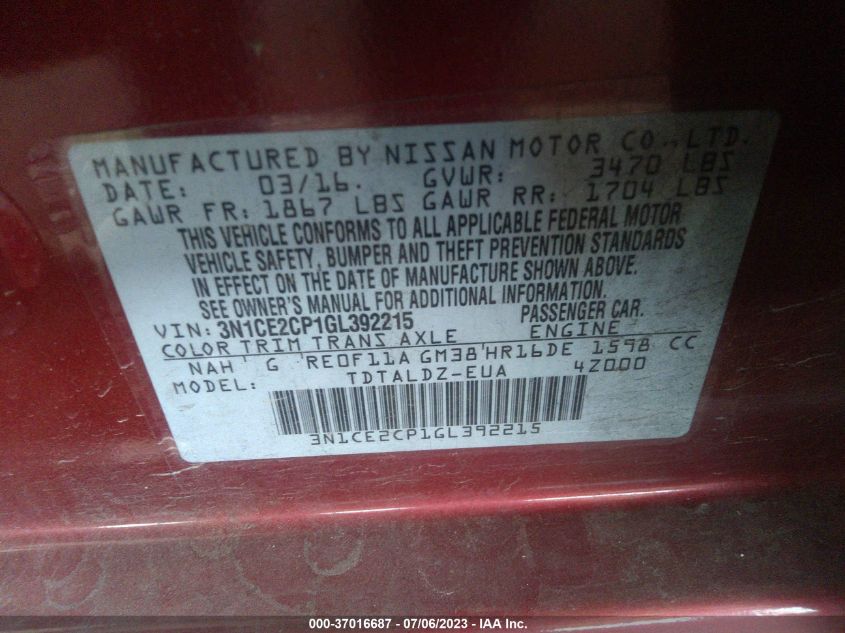 2016 NISSAN VERSA NOTE S/S PLUS/SV/SL/SR - 3N1CE2CP1GL392215
