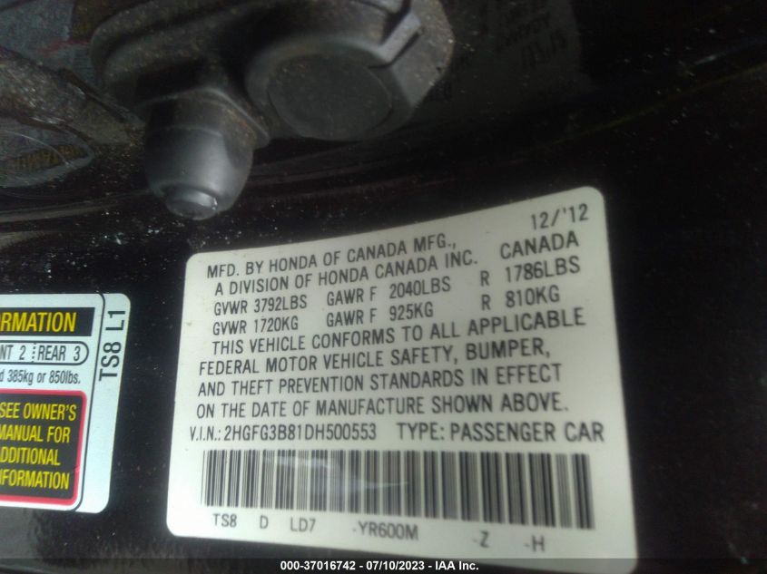 2013 HONDA CIVIC CPE EX - 2HGFG3B81DH500553