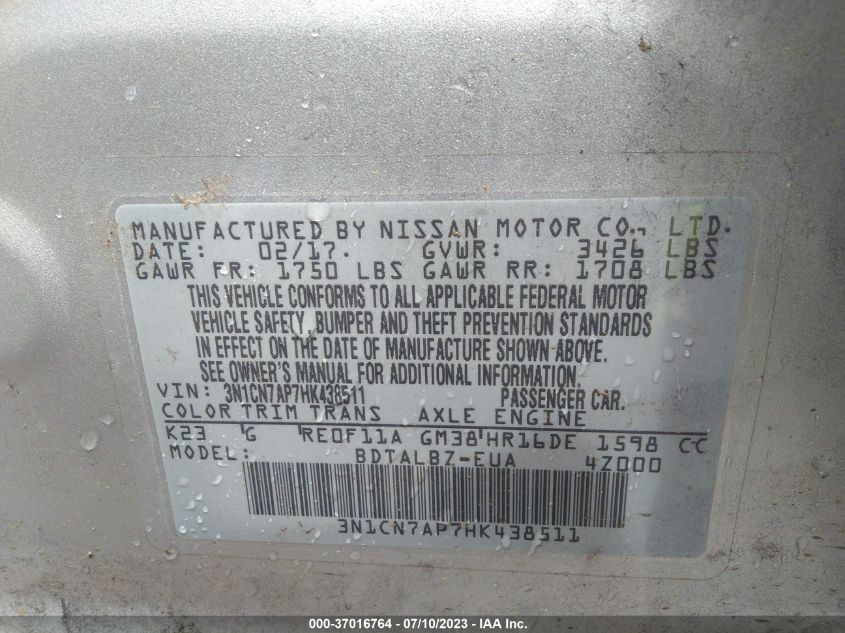 2017 NISSAN VERSA SEDAN SV - 3N1CN7AP7HK438511