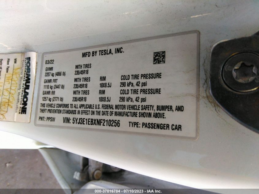 2022 TESLA MODEL 3 LONG RANGE - 5YJ3E1EBXNF210256