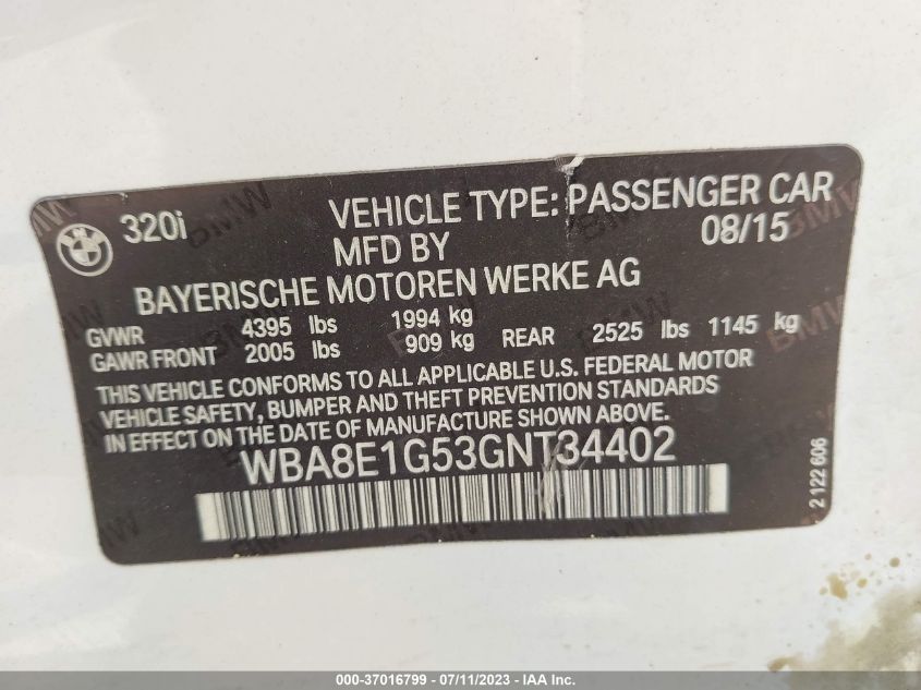 2016 BMW 3 SERIES 320I - WBA8E1G53GNT34402