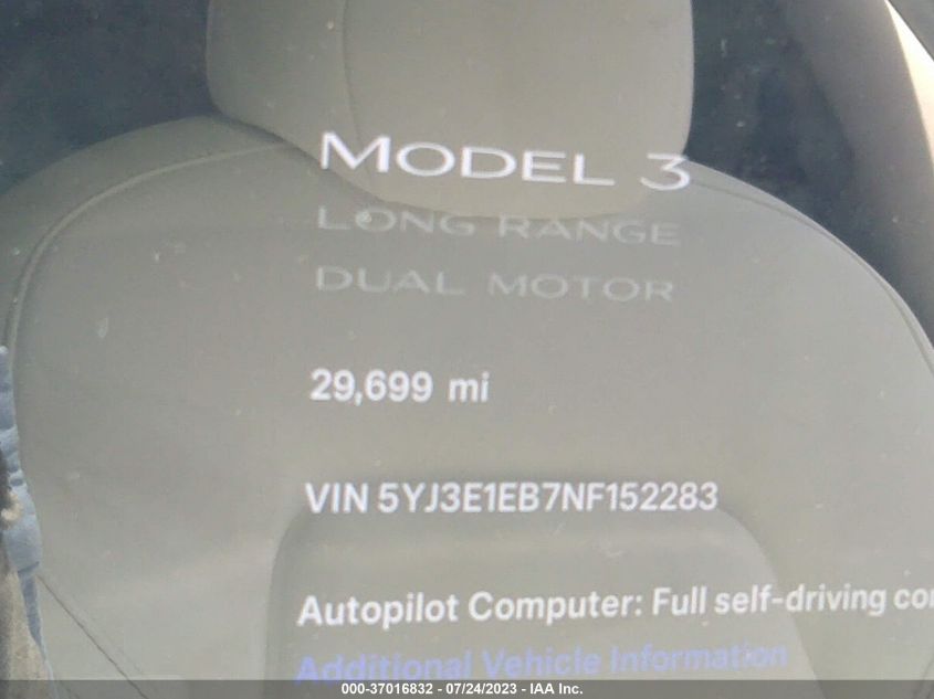 2022 TESLA MODEL 3 LONG RANGE - 5YJ3E1EB7NF152283
