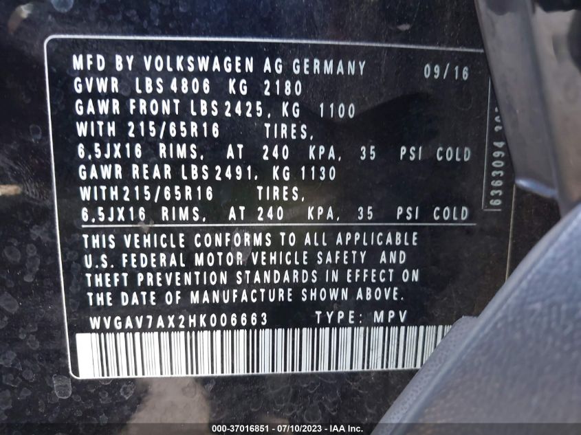 2017 VOLKSWAGEN TIGUAN S/LIMITED - WVGAV7AX2HK006663