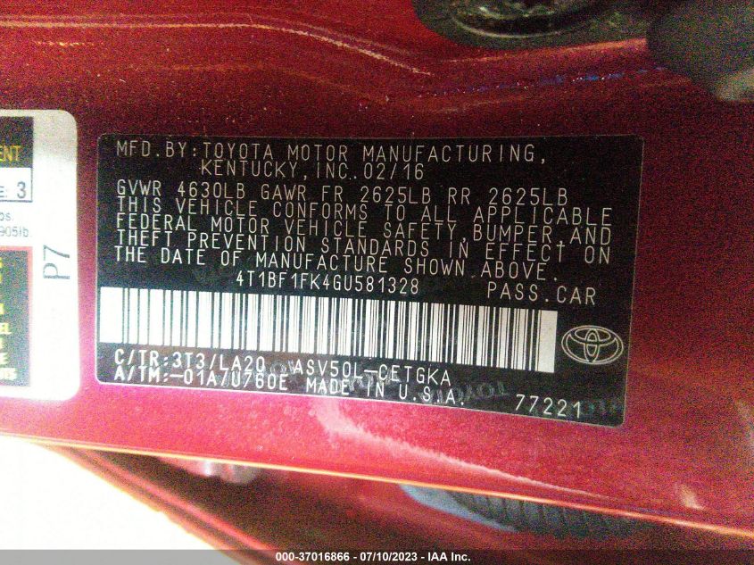 2016 TOYOTA CAMRY XLE/SE/LE/XSE - 4T1BF1FK4GU581328