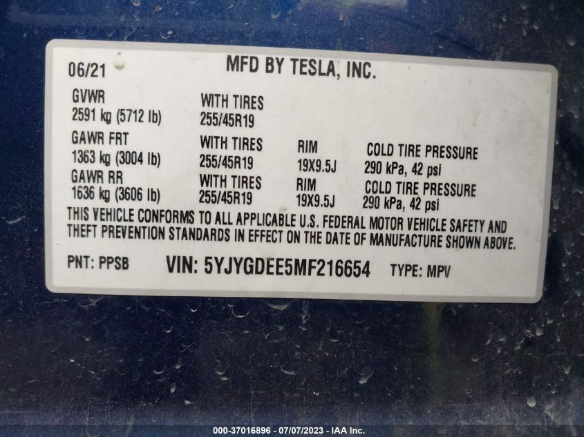 2021 TESLA MODEL Y - 5YJYGDEE5MF216654