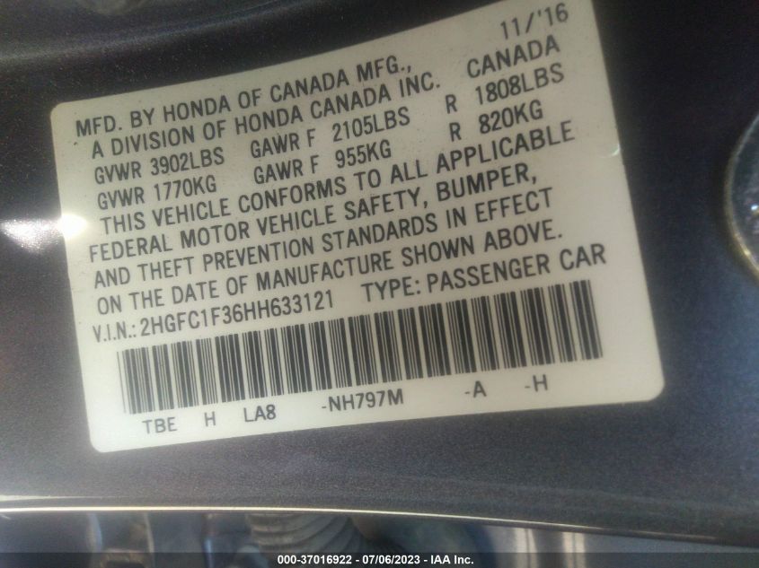 2017 HONDA CIVIC SEDAN EX-T - 2HGFC1F36HH633121
