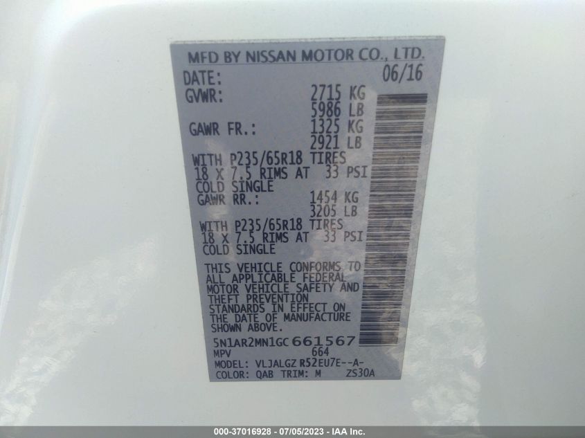 2016 NISSAN PATHFINDER SL - 5N1AR2MN1GC661567
