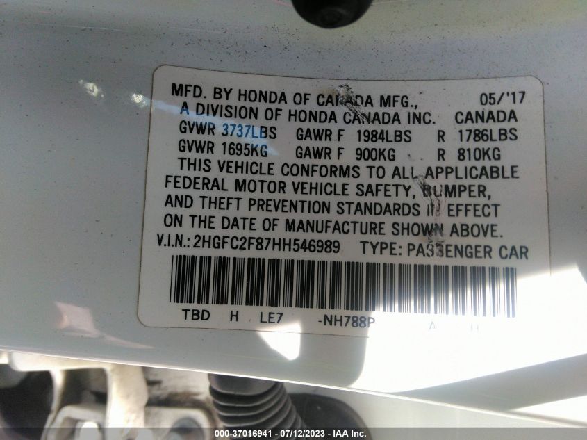2017 HONDA CIVIC SEDAN EX - 2HGFC2F87HH546989
