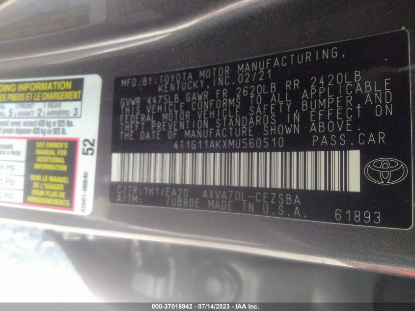 2021 TOYOTA CAMRY SE - 4T1G11AKXMU560510