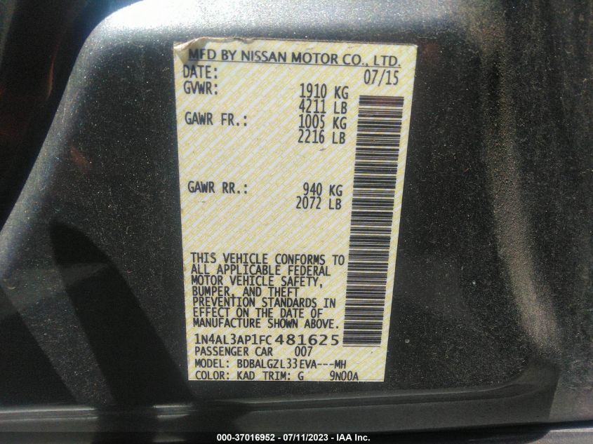 2015 NISSAN ALTIMA 2.5 S - 1N4AL3AP1FC481625
