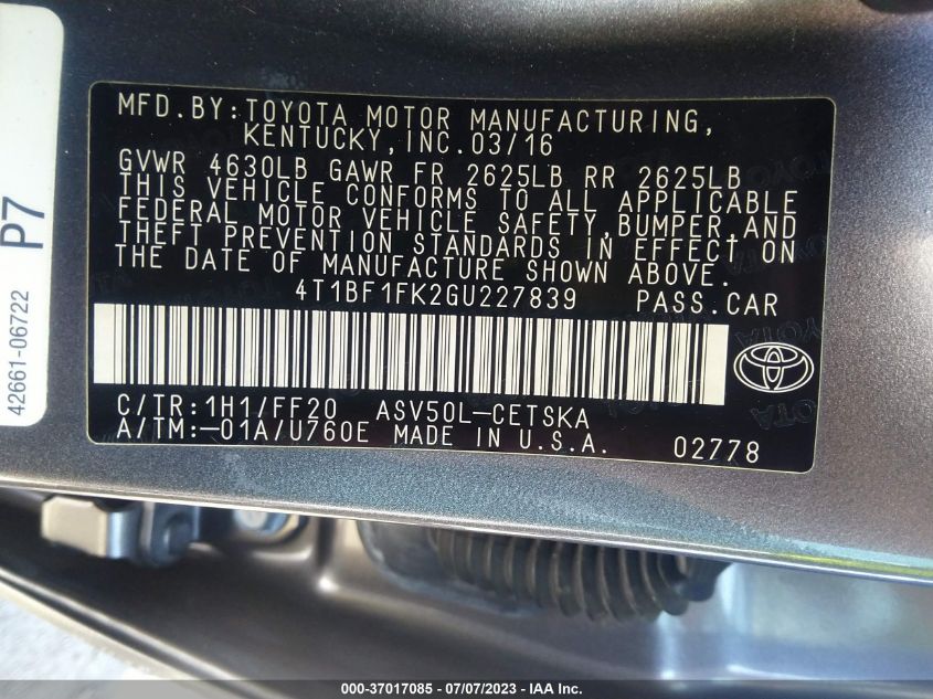 2016 TOYOTA CAMRY XLE/SE/LE/XSE - 4T1BF1FK2GU227839