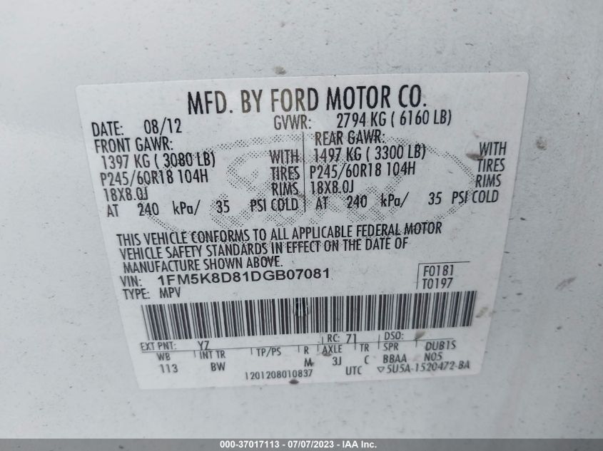 2013 FORD EXPLORER XLT - 1FM5K8D81DGB07081
