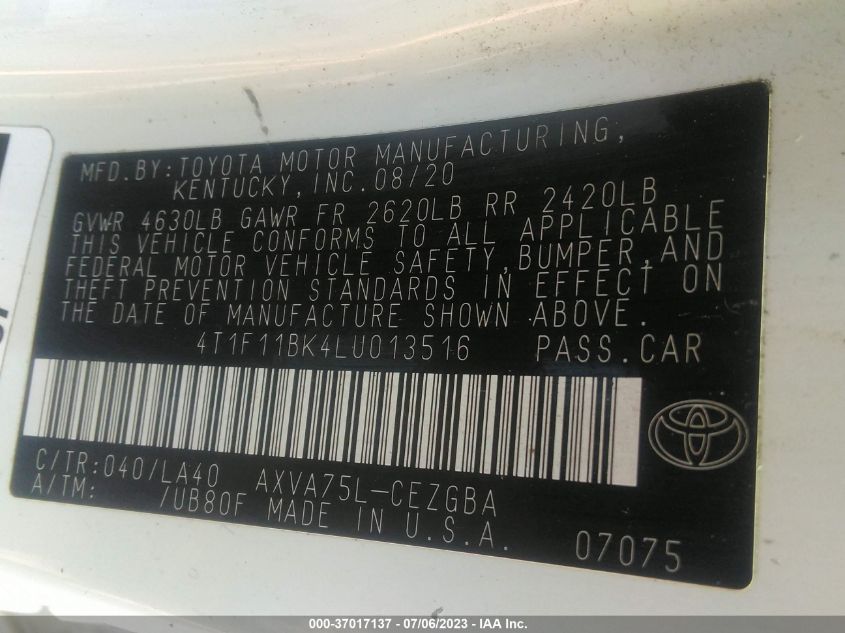 2020 TOYOTA CAMRY XLE - 4T1F11BK4LU013516