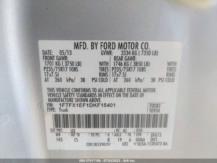 2013 FORD F-150 XL/STX/XLT/FX4/LARIAT - 1FTFX1EF1DKF15401