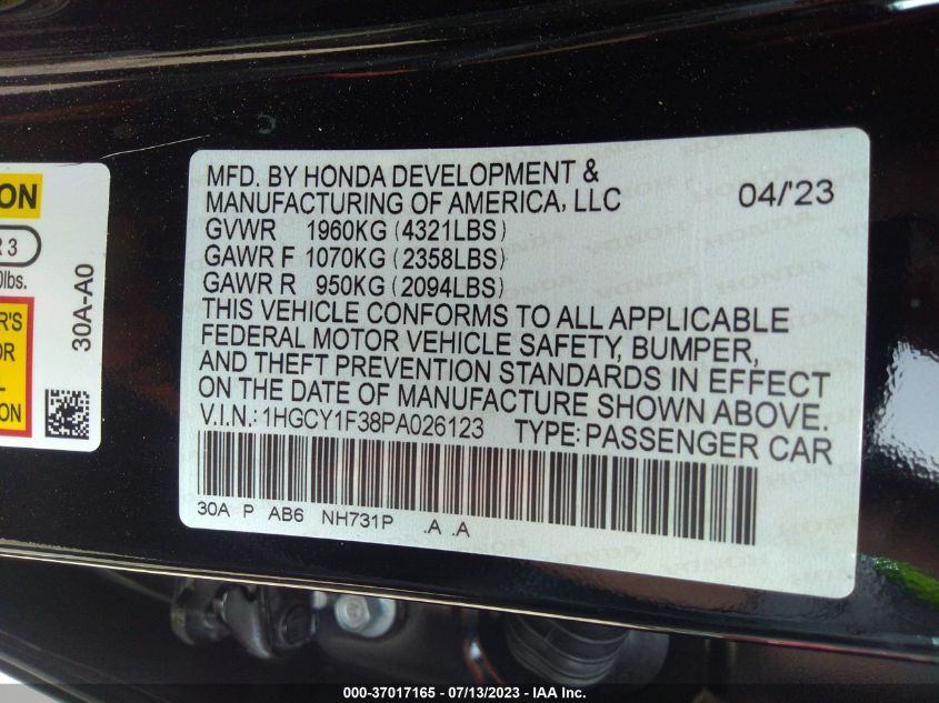 2023 HONDA ACCORD SEDAN EX - 1HGCY1F38PA026123