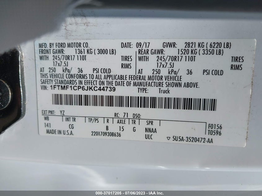 VIN 1FTMF1CP6JKC44739 2018 FORD F-150 XL/XLT