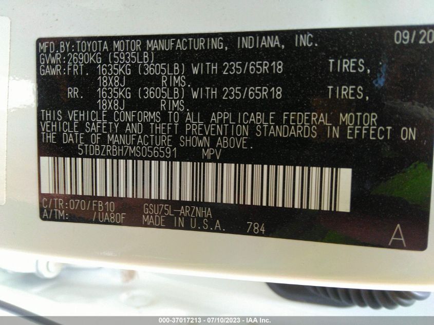 2021 TOYOTA HIGHLANDER L/LE - 5TDBZRBH7MS056591