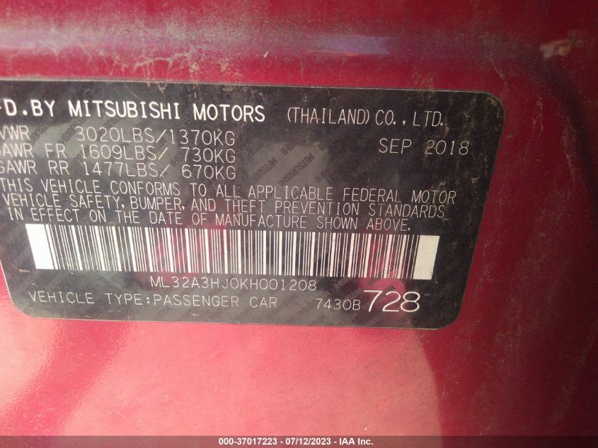 2019 MITSUBISHI MIRAGE ES/RF - ML32A3HJ0KH001208