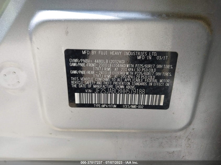 VIN JF2SJABC8HH579188 2017 SUBARU FORESTER