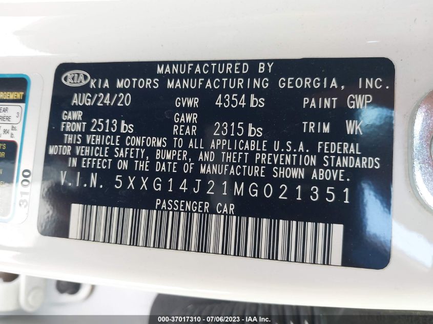 2021 KIA K5 LXS - 5XXG14J21MG021351