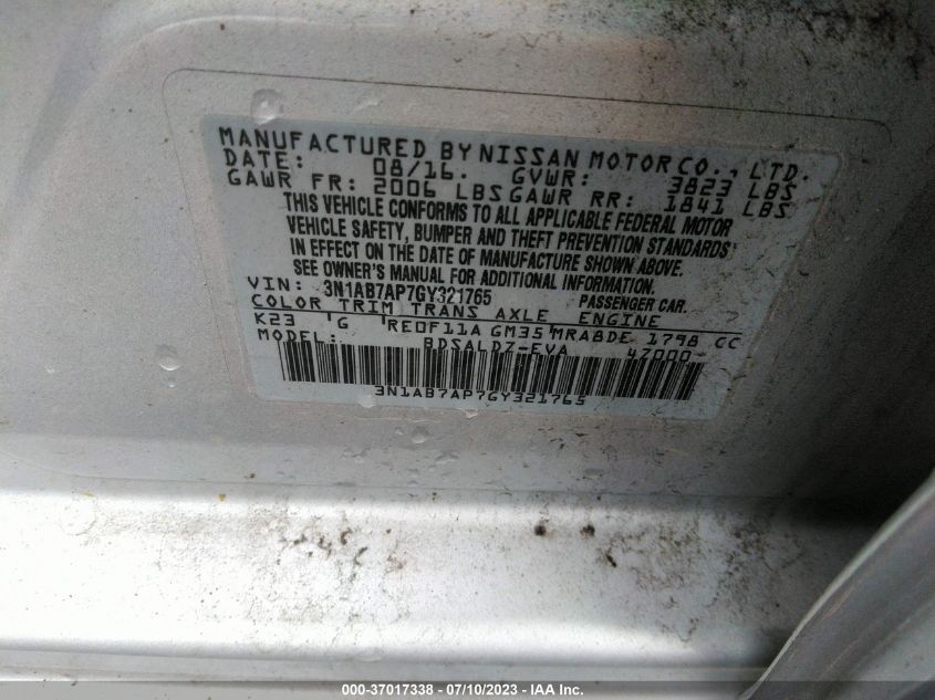 2016 NISSAN SENTRA SV - 3N1AB7AP7GY321765