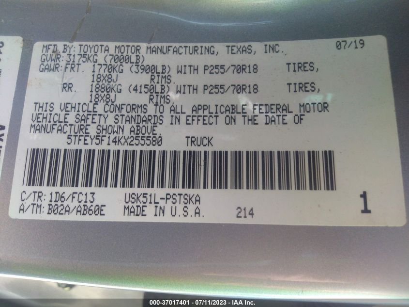 2019 TOYOTA TUNDRA 2WD SR5/LIMITED/PLATINUM 5TFEY5F14KX255580