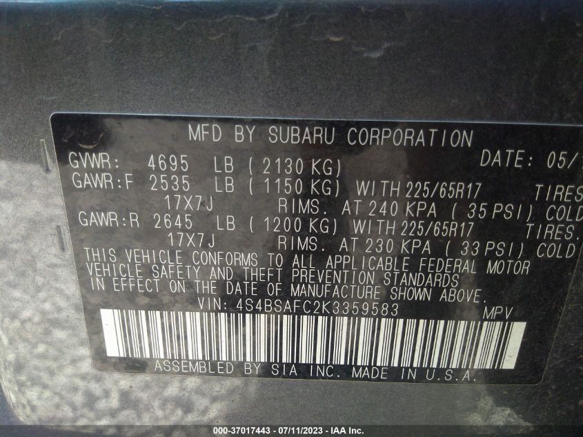 2019 SUBARU OUTBACK PREMIUM - 4S4BSAFC2K3359583