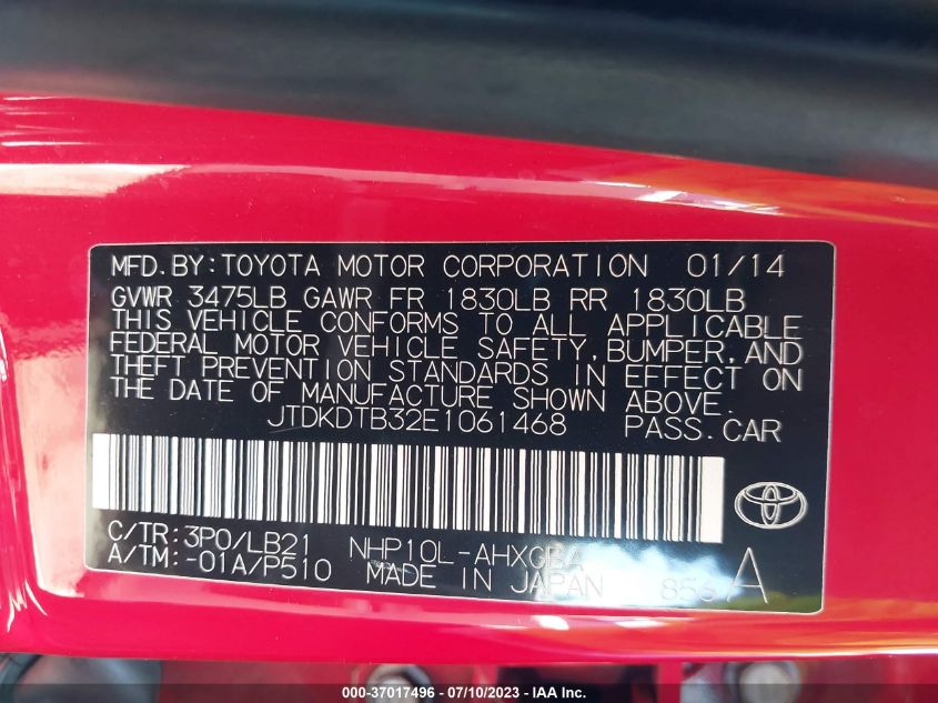 2014 TOYOTA PRIUS C ONE/THREE/TWO/FOUR - JTDKDTB32E1061468