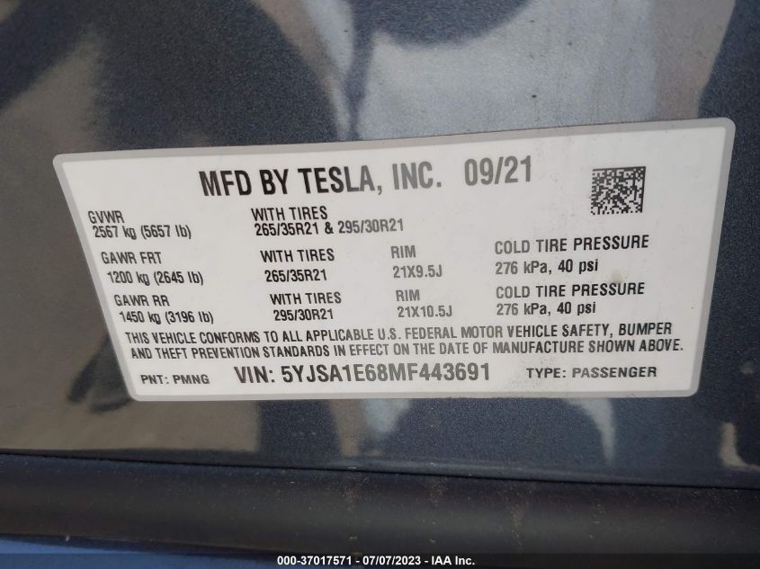 2021 TESLA MODEL S - 5YJSA1E68MF443691