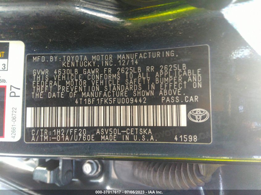 2015 TOYOTA CAMRY XLE/SE/LE/XSE - 4T1BF1FK5FU009442