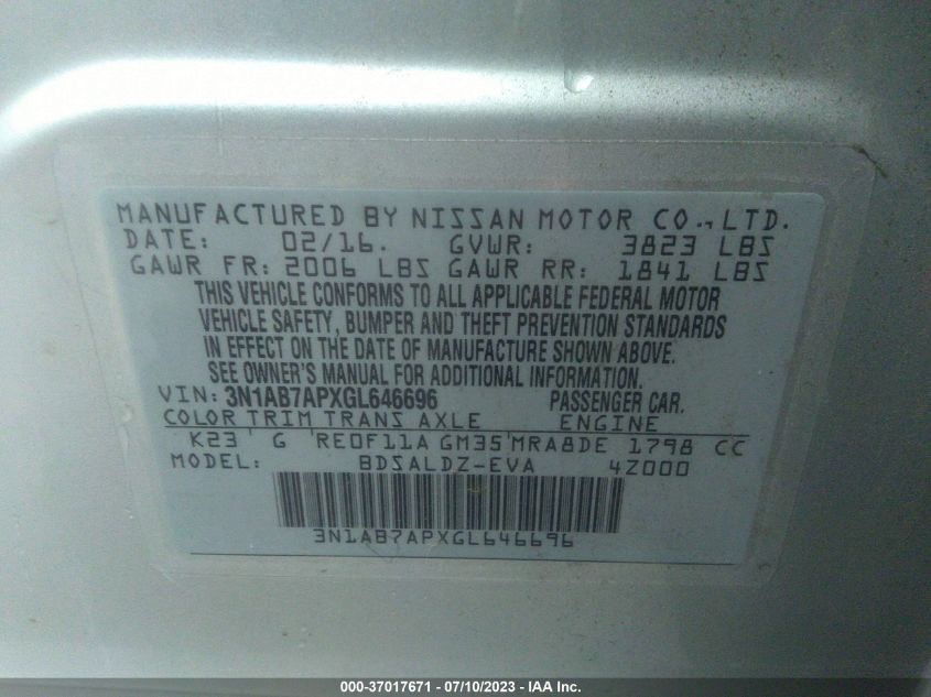 2016 NISSAN SENTRA SR/SL/S/SV/FE+ S - 3N1AB7APXGL646696