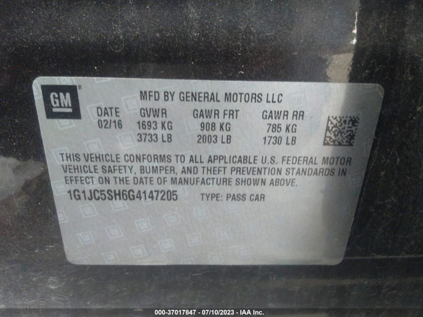 2016 CHEVROLET SONIC LT - 1G1JC5SH6G4147205