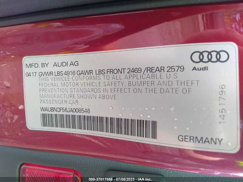 2018 AUDI A5 SPORTBACK PREMIUM PLUS - WAUBNCF56JA008546