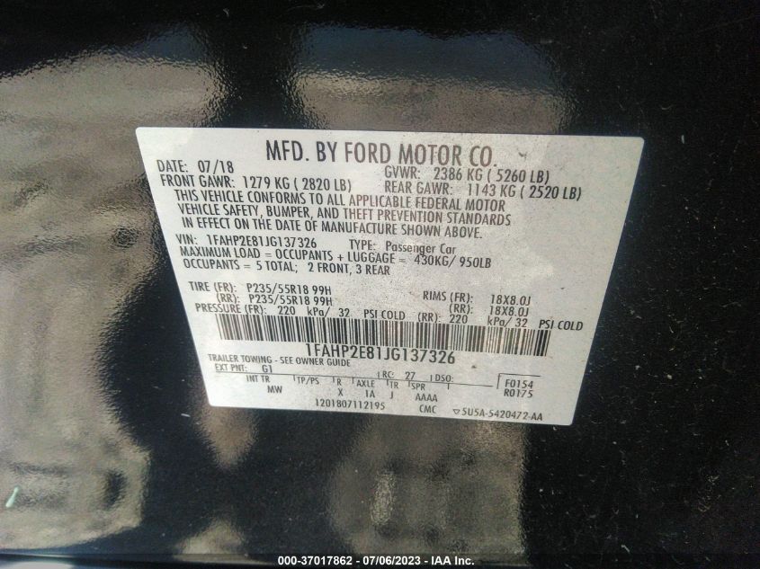 2018 FORD TAURUS SEL - 1FAHP2E81JG137326