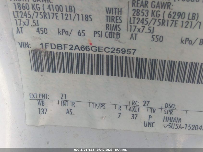 2016 FORD SUPER DUTY F-250 SRW XL/XLT - 1FDBF2A66GEC25957