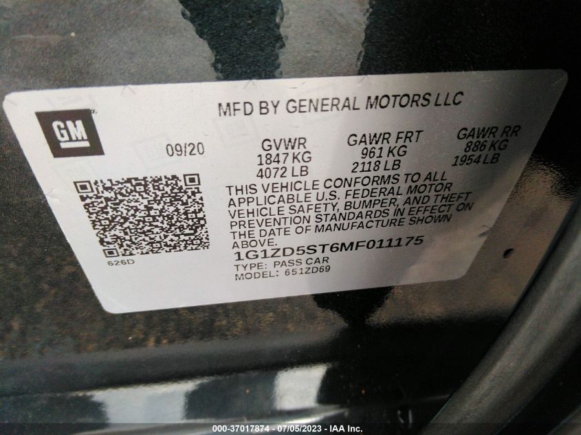 2021 CHEVROLET MALIBU LT - 1G1ZD5ST6MF011175