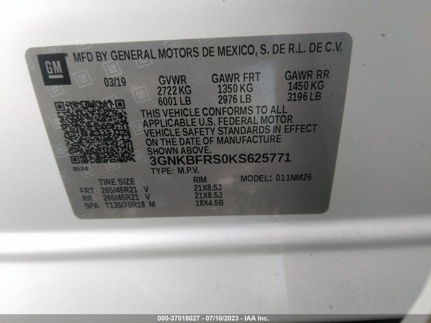 VIN 3GNKBFRS0KS625771 2019 CHEVROLET BLAZER PREMIER