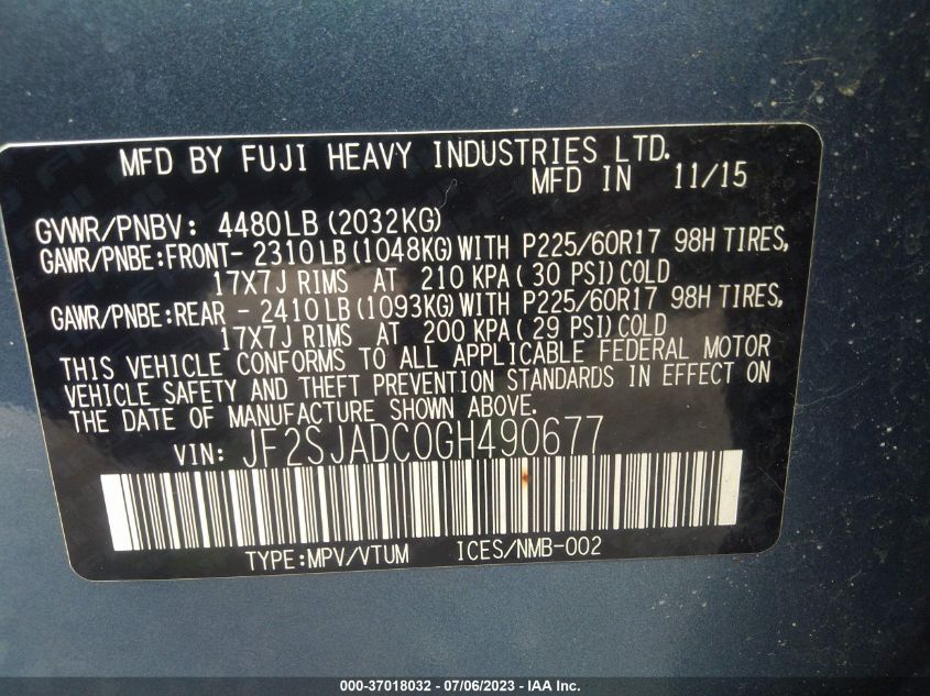 2016 SUBARU FORESTER 2.5I PREMIUM - JF2SJADC0GH490677
